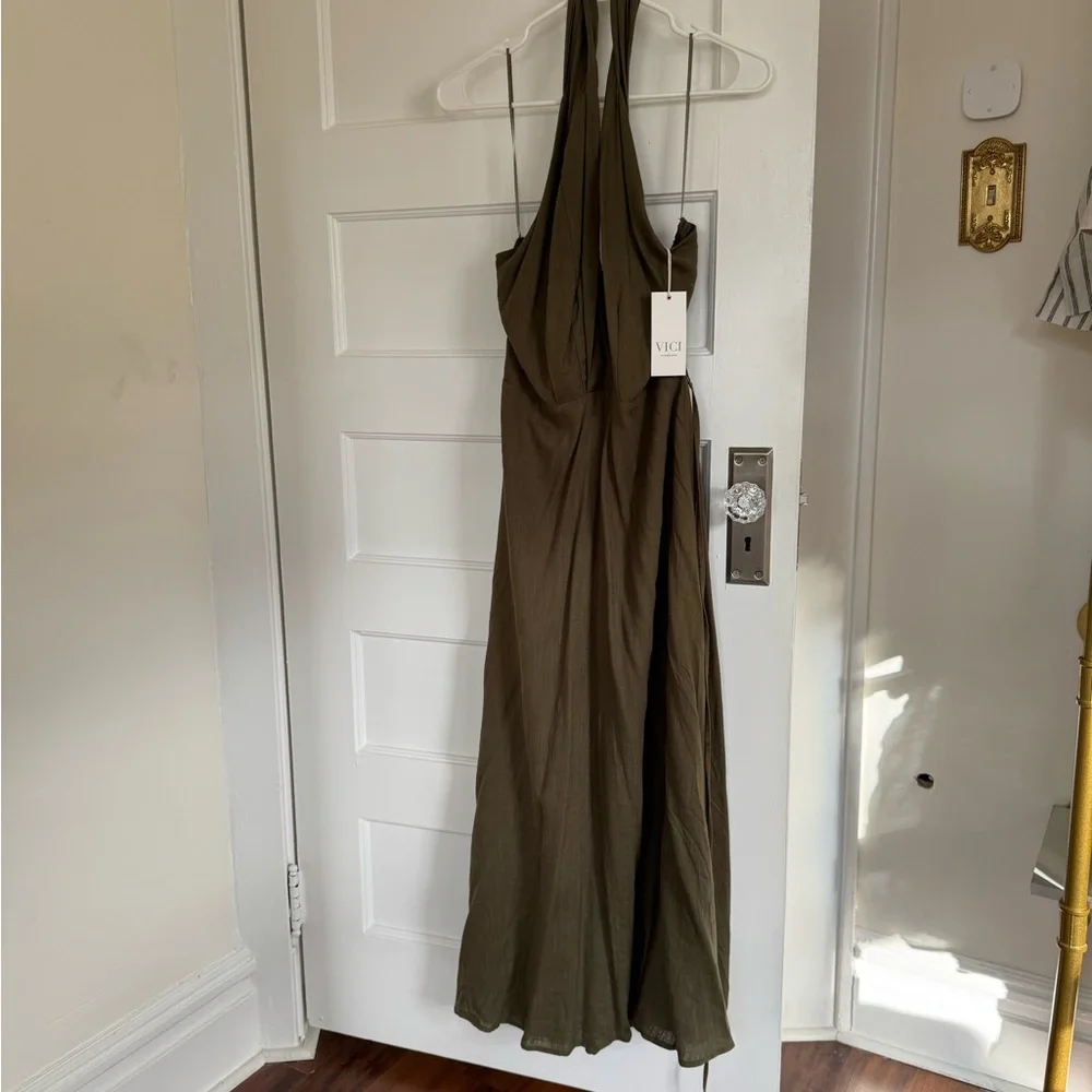 Vici Olive Green Halter Midi Dress - Picture 3 of 4